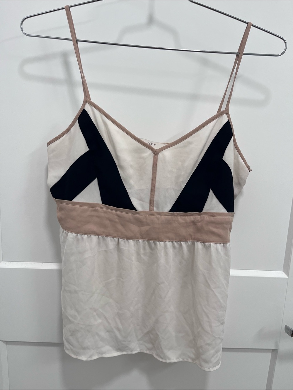 LOFT Cream Satin Cami with Taupe Trim and Black Accents